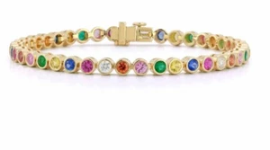 Multi Natural Sapphire 10K  Yellow Gold Women Tennis Bracelet Wedding Gift Mom - Picture 1 of 3