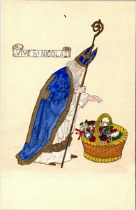 VIVE ST. NICHOLAS - BLUE ROBED ST. NICK - STAFF & BASKET - HOLIDAY POSTCARD - Picture 1 of 2