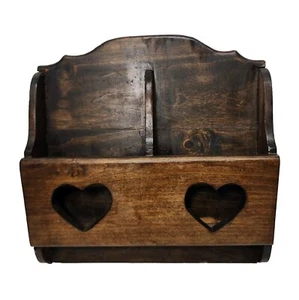 Vtg Wood Letter Mail Holder Organizer Heart Cut Out 2 Slots 10.5" Wooden Hangs - Picture 1 of 7