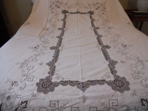 Vintage Italian Ivory Taupe Embroidered Crochet Tablecloth~64"x98" w/ 12 napkins - Picture 1 of 8