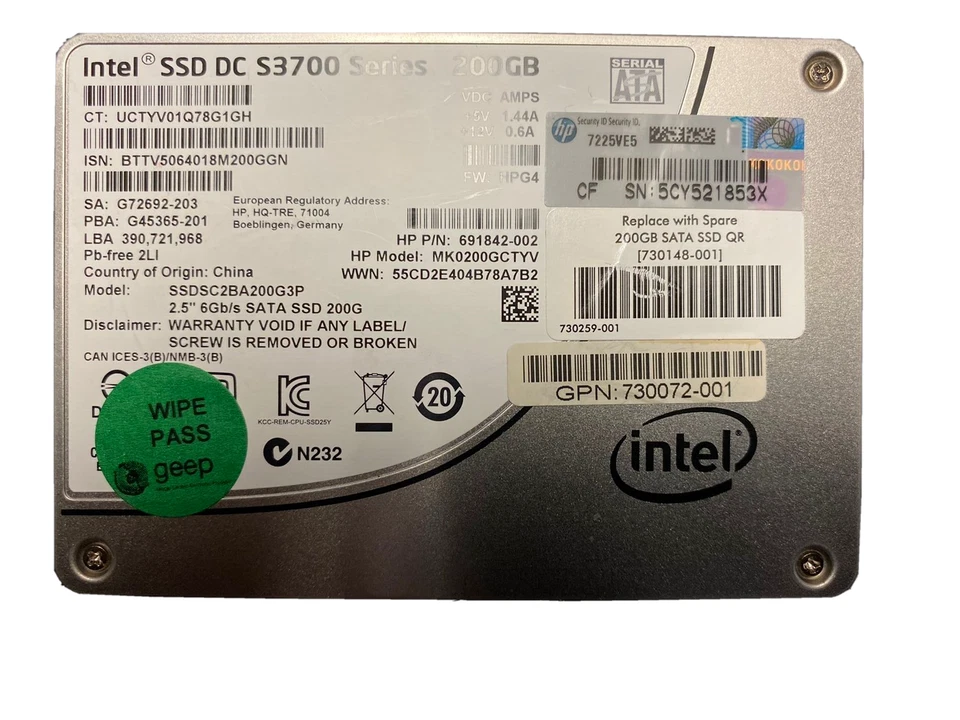 HP Intel DC S3700 Series 200GB 6Gb/s SATA SSD - Image 1 of 1