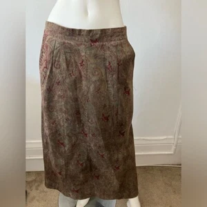 Vintage 80s Boho Paisley olive green red A line Midi Skirt 100% Suede size M - Picture 1 of 10