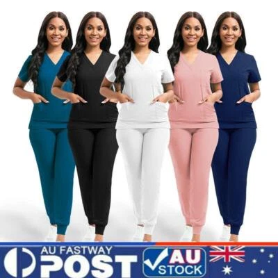 2Pcs/Set Stretch Summer Nurse Uniform Women Scrub Set V-Neck Top & Jogger Pants - image 1 of 3