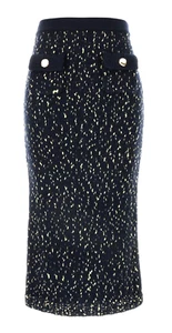 Self Portrait Navy Gold Metallic Merino Wool Blend Fitted Knit Midi Skirt Size S - Picture 1 of 13