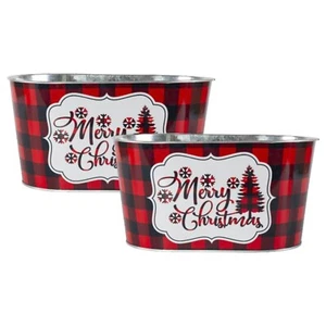 2Pc Metal Tin Trough 25cm Pot Merry Christmas Red Chequered Festive Planter - Picture 1 of 3