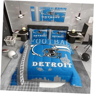  Football Bedding Set Boys Girls Size Detroit Comforter Set Queen Gray Blue - Image 1 of 4