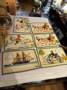 Set Of 6 Vintage Tony Sarg Signed Linen Cocktail Napkins & Box Horses Ship - Picture 1 of 10