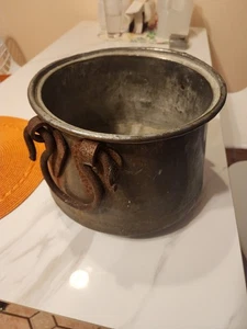 19th century 11" d Antique Copper Cauldron pot wrought iron brackets & handle - Picture 1 of 16