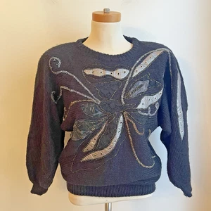 Suéter Vintage Años 80 Carducci Embellecido Mezcla Lana Encaje Metálico Plateado Mediano - Imagen 1 de 8