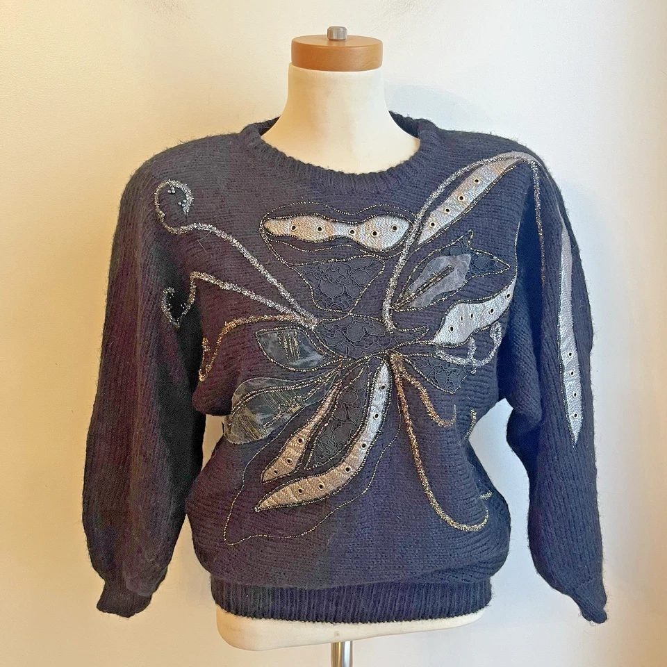 Suéter vintage anos 80 Carducci enfeitado mistura de lã renda prata metálica médio - Imagem 1 de 4