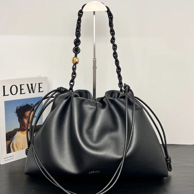 Loewe Black Leather Drawstring Shoulder Bag – Luxury Chain Strap Tote - Image 1 of 4