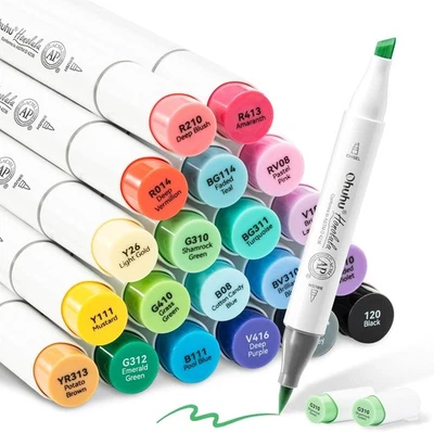 Ohuhu 24 Basic Colors Alcohol Markers Brush & Chisel Double Tipped w/ 1 Blender