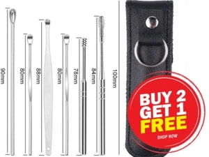 6pcs Stainless Steel Ear Wax Removal Cleaner Remover Tool Kit Set & Leather Case - Picture 1 of 11