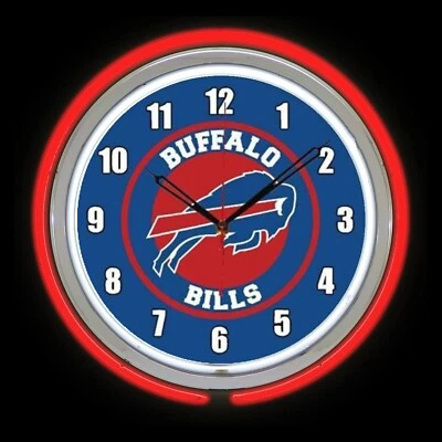 Buffalo Bills 15" RED Neon Clock Man Cave Game Room Football White Numbers - Image 1 of 2