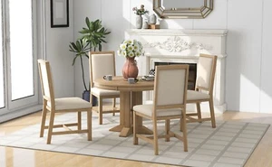 TREXM 5-Piece Dining Set Extendable Round Table, 4 Chairs Farmhouse Style - Picture 1 of 12
