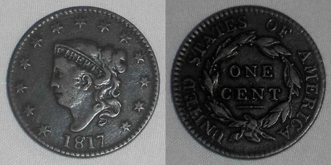 Beautiful Problem Free 1817 Liberty Coronet Head 13-star Large Cent Patinaed VF+ Cover