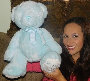 Baby Ganz First Teddy Blue Plush Baby Lovey SEWN Eyes Nose Blue Bow 18" LOVEY N - Picture 1 of 2