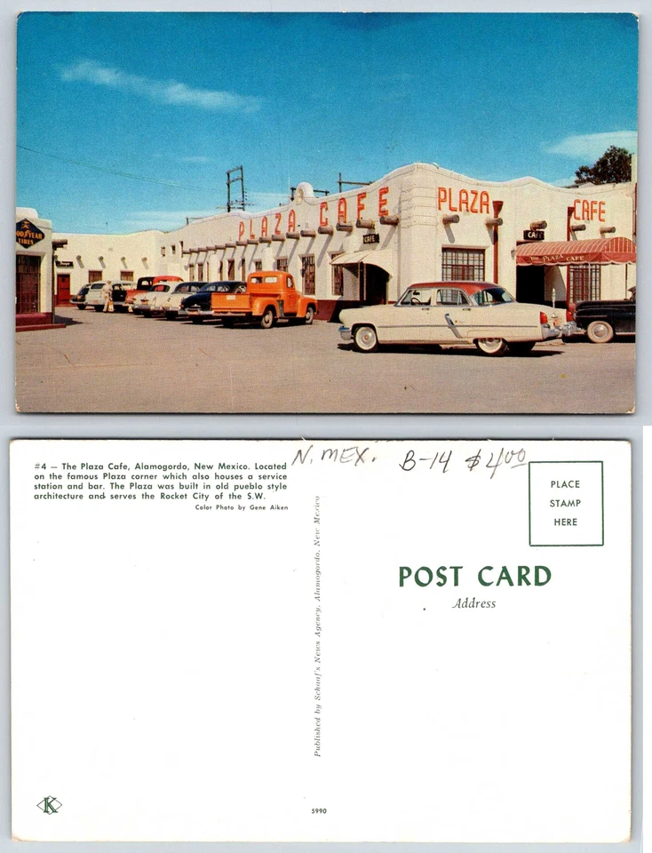 Alamogordo New Mexico PLAZA CAFE OLD CARS PICKUP TRUCK Postcard Q422 - Image 1 of 1
