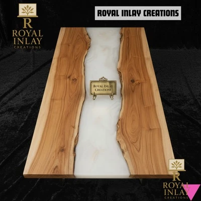 White Epoxy River Table Top - Live Edge Acacia Wood Dining Table Custom MAde - Image 1 of 4