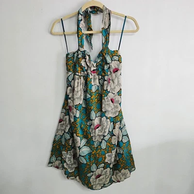 Vestido Halter The Limited 0 Estampado Floral Babydoll Mini Verde Azulado Rosa Fiesta Y2K Foto 1 de 4