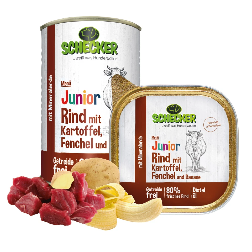 Schecker Hundemenü Junior mit 80% Rind mit Kartoffel Fenchel und Banane  6x410g  - Bild 1 von 4