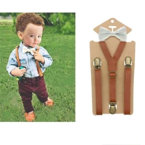 Y Back Kid Suspenders - 80*1.5cm 3Clip Leather Suspender And Bow Tie Ring Bearer - Picture 1 of 23