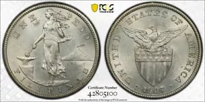 US PHILIPPINES 1907-S ONE PESO PCGS MS 61 - Picture 1 of 5