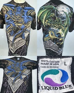 VTG 90S 1995 LIQUID BLUE ALL OVER FACEMELTER PRINT PROF GARGOYLES DEMONS SHIRT - Picture 1 of 15
