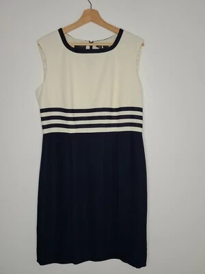 Vintage 90s Liz Claiborne Dress Navy Blue Ivory Sleeveless Sheath Lined Size 14 - Image 1 of 4