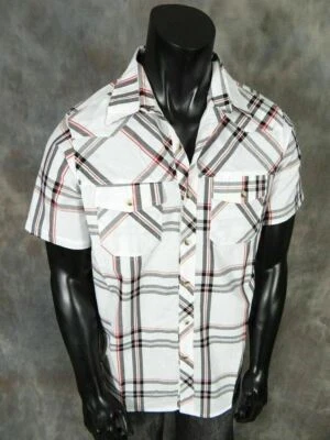 Mens Plaid Shirt Short Sleeve White Red Black Button Front Pockets Renegade - Image 1 of 3