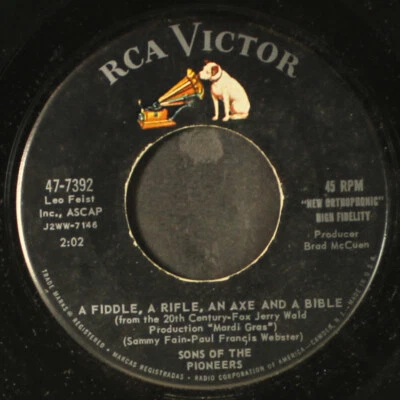 SONS OF THE PIONEERS: a fiddle, a rifle, an axe and a bible RCA 7" Single 45 RPM - Image 1 of 2