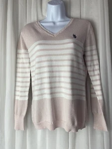 US Polo Assn Womens Large Pink White Striped Sweater Glittery Pony Preppy - Picture 1 of 13