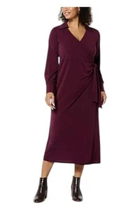 Jaclyn Smith Women's Collared Wrap TieFront Knit Maxi Dress Wine - Picture 1 of 1