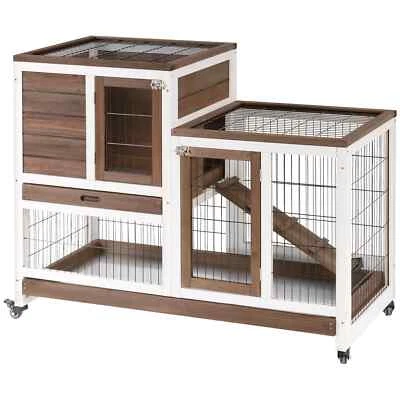 Wooden Rabbit Hutch Guinea Pig House Indoor Cage with Wheels Enclosed Run Brown - Image 1 of 4