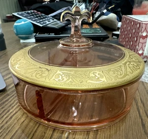 Vintage Fostoria  Glass Rose Pink Silver City  Etched Gold Rim Candy Box - Picture 1 of 8