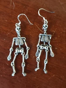 Skeleton Movable Limbs Halloween Bones 925 Sterling Silver Long Dangle Earrings - Picture 1 of 10