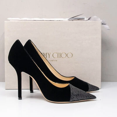 Jimmy Choo Love 100, Talla 38 (8 EE. UU.) Tacones Asimétricos Negro Brillo Terciopelo Foto 1 de 4