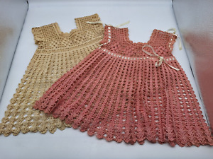 2  Hand Crocheted Baby Child Dresses Vtg A-line style and short sleeves