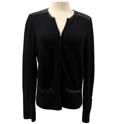 Cárdigan suéter Charter Club de lujo de cuero cachemir con cremallera negro para mujer M Foto 1 de 4