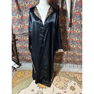 Delta Burke Collection Black Satin Leopard Trim Long Duster Robe - Picture 1 of 3