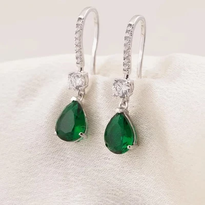 2.00Ct Pear Cut Lab-Created Emerald Drop Dangle Earrings 14K White Gold Plated - Image 1 of 4