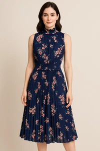 Nanette Lepore Cocktailkleid marineblau rosa Blumen Plissee gesmokte Taille Größe 12 - Bild 1 von 9