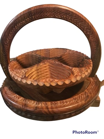 Wood Handcraft Candy Fruit Basket Collapsible Compartments Cover