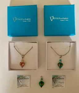 Two Genuine Murano Glass Heart Necklaces, Lt. Blue & Pink, w/xtra Lt Green Heart - Picture 1 of 7