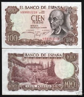 SPAIN 100 PESETAS P152 1970 *REPLACEMENT* 9B UNC PRE EURO MOORISH MONEY BANKNOTE - Image 1 of 2