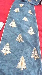 Cynthia Rowley NY Teal & Gold Table Runner Embroidered Trees Christmas 72 x 16 - Picture 1 of 16