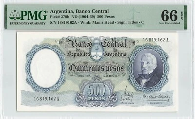 ARGENTINA 500 Pesos 1964-69, P-278b, PMG 66 EPQ Gem UNC, 2nd Finest, Rare Grade - Image 1 of 2