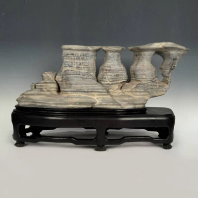 CHINESE GONGSHI SCHOLAR'S ROCK WULING STONE HARDWOOD BASE HUNAN CHINA - Image 1 of 3