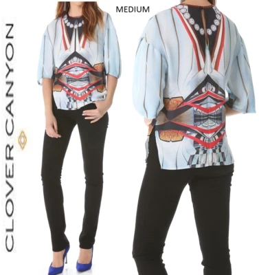 Blusa Top Anthropologie Clover Canyon Azul Multicolor Estación de Metro Cuello Redondo Foto 1 de 4