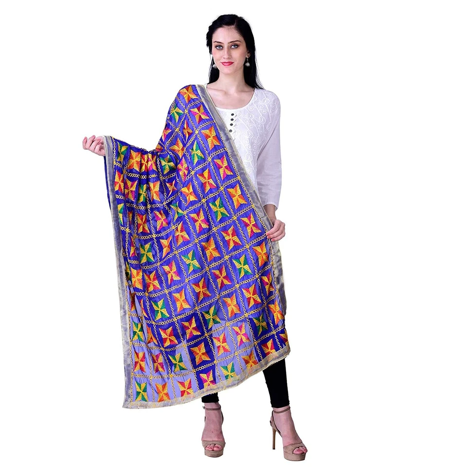Mujeres Phulkari Gasa Dupatta Estola Bordado Bufanda India Ropa de Fiesta Foto 1 de 1